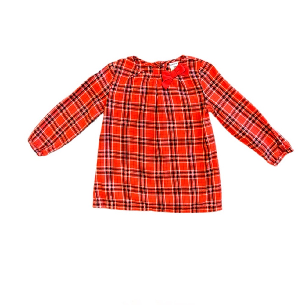 Carter’s red black white and silver holiday plaid shirt with bow size 3T